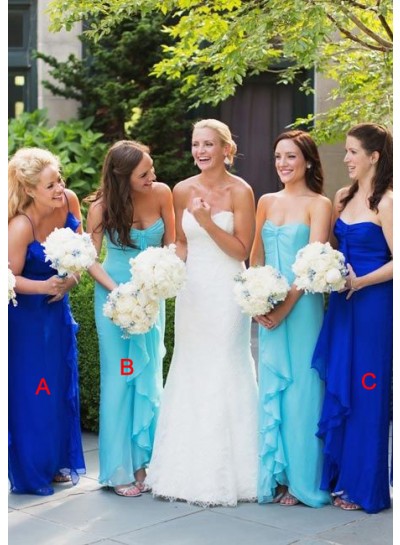 2024 A Line Royal Blue Chiffon Mint Long Bridesmaid Dresses / Gowns