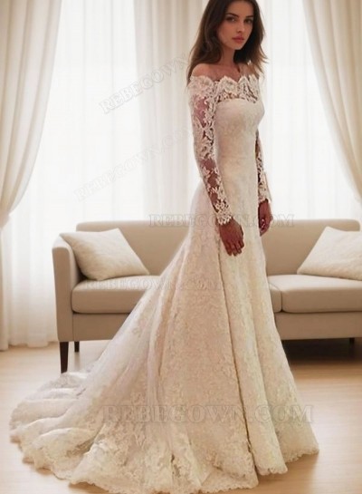 Bateau Ivory A-Line Court Train Lace Long Sleeves Wedding Gowns / Dresses