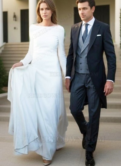 2025 Simple Sheath Crew Neck Long Sleeves White Long Backless Wedding Dresses