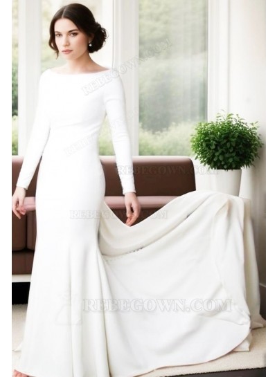 2025 Sheath Satin Ivory Crew Neck Long Sleeves Beaded Long Wedding Dresses