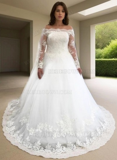 2025 White A Line Off Shoulder Lace Long Sleeves Plus Size Wedding Dresses
