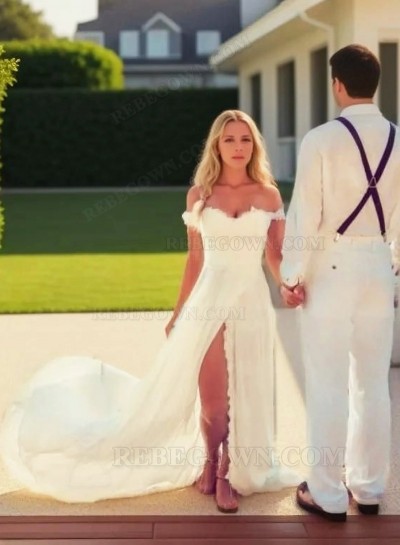A Line Chiffon Sweetheart Side Slit Ivory Beach Off Shoulder Wedding Dresses