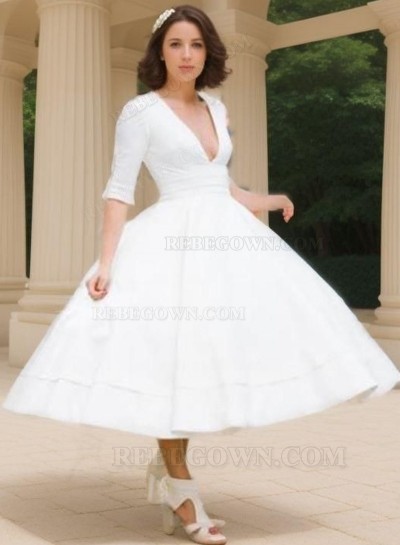 Elegant A Line White Tea Length Deep V Neck Long Sleeves Short Wedding Dresses
