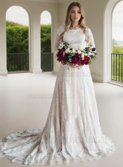 2025 A Line Long Sleeves Lace Long Round Neck Wedding Dresses