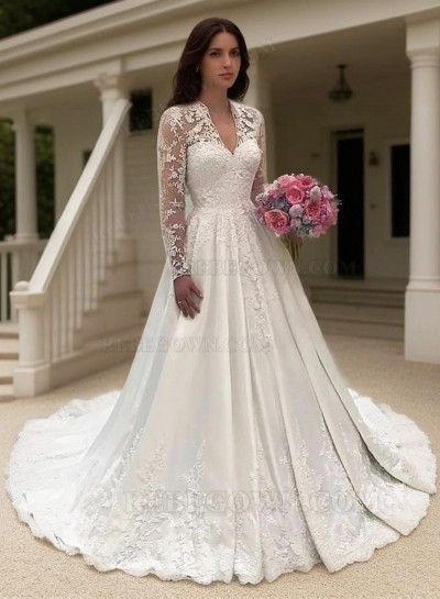 2025 A Line Classic Satin Long Sleeves V Neck Lace Long Wedding Dresses