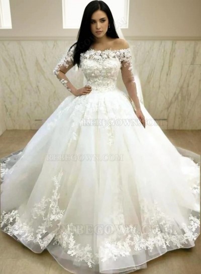 2025 Long Sleeves Off Shoulder Flowers Ball Gown Lace Up Wedding Dresses