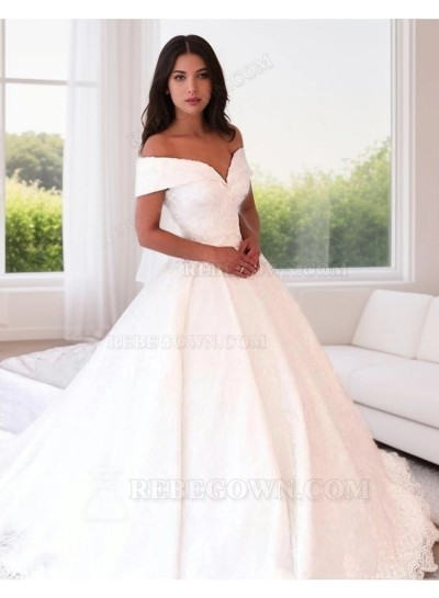 2025 A Line Elegant Off Shoulder Sweetheart Capped Sleeves Satin Long Lace Wedding Dresses