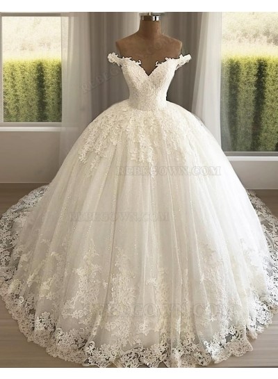 Sweetheart Off Shoulder Long Lace Ball Gown Lace Up Back Wedding Dresses 2025
