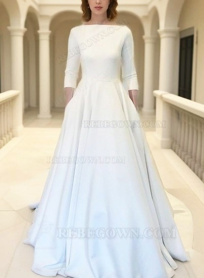 A Line Long Sleeves Satin Long Simple 2025 Wedding Dresses