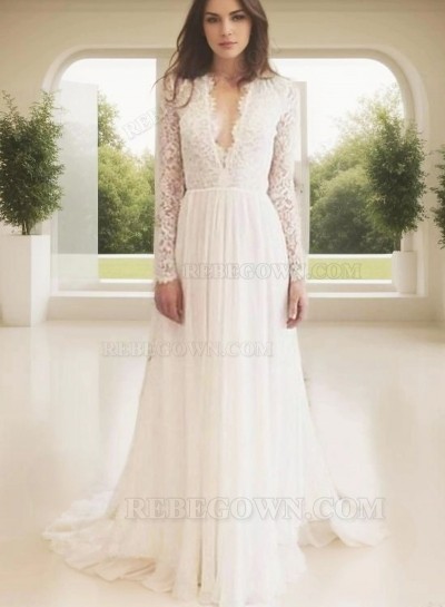 2025 A Line Deep V Neck Lace Long Sleeves Backless Wedding Dresses