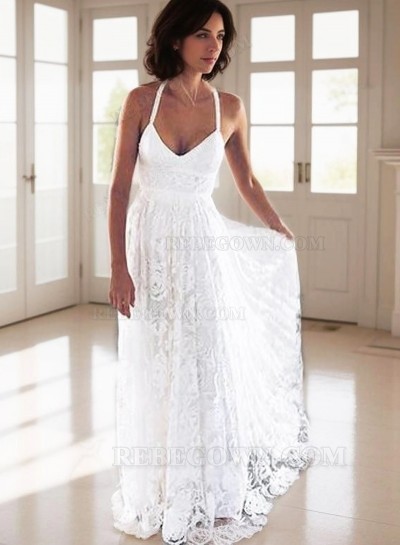 A Line Halter Sweetheart Lace Backless Beach Wedding Dresses 2025