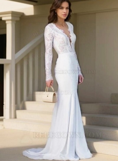 Sheath Deep V Neck Long Sleeves Backless Lace 2025 Wedding Dresses