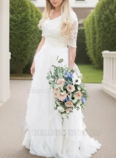 2025 A Line V Neck Short Sleeves Lace Outdoor Wedding Dresses