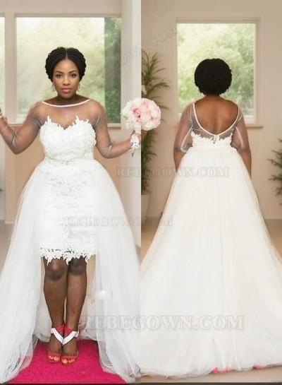 2025 A Line High Low See Through Long Sleeves Tulle Short Sweetheart Plus Size Wedding Dresses