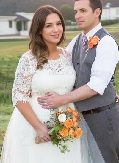 2025 A Line Tea Length Half Sleeves Lace Tulle Sweetheart Plus Size Short Wedding Dresses