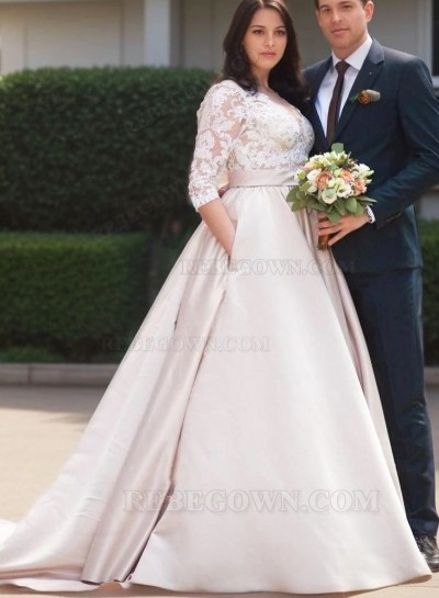 2025 A Line Satin Champagne Long Sleeves Sweetheart Lace Plus Size Wedding Dresses