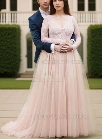 2025 New Arrival A Line V Neck Lace Pink Long Sleeves Tulle Plus Size Wedding Dresses