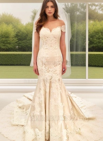 Mermaid  Beige Off Shoulder Applique Bodice Chapel Train Wedding Dresses