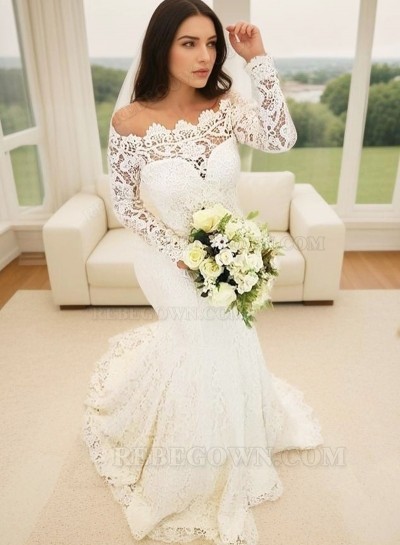 Lace Long Sleeve Beige Sweetheart Mermaid  Off Shoulder Wedding Dresses
