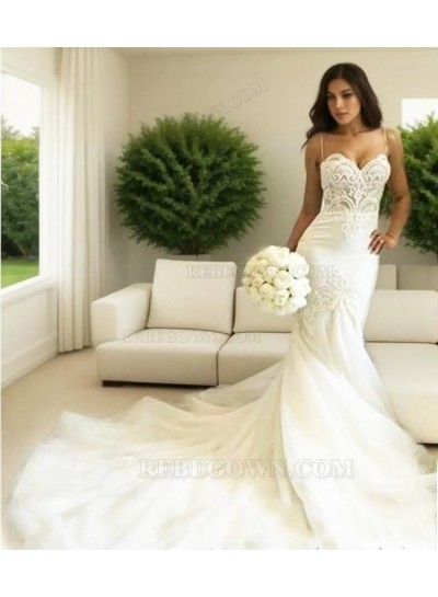Beige Lace Up Spaghetti Strap Sweetheart Backless Mermaid  Tulle Wedding Dresses