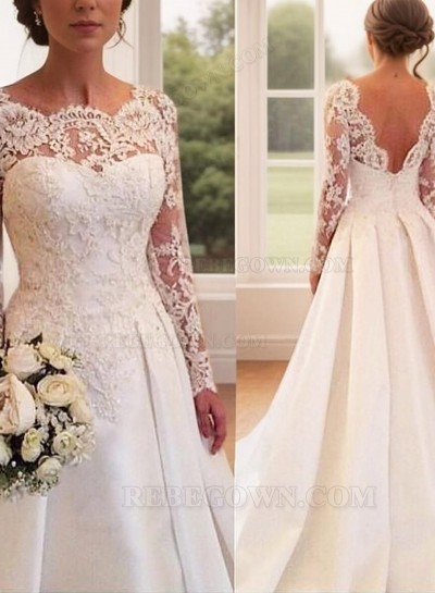 Sheer Long Sleeve Lace Backless Sweetheart Pleated White Wedding Dresses
