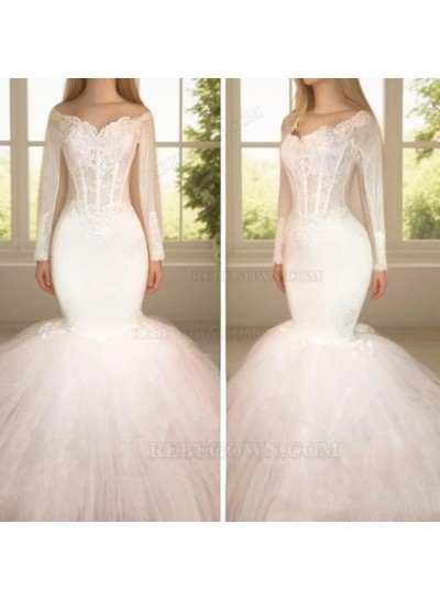 Long Sleeve White Off Shoulder Mermaid  Droped Tulle Applique Wedding Dresses