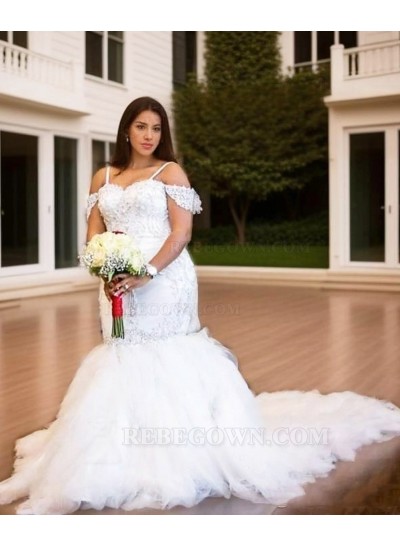 Spaghetti Straps Off Shoulder Cathedral Train Tiers Droped Backless White Wedding Dresses