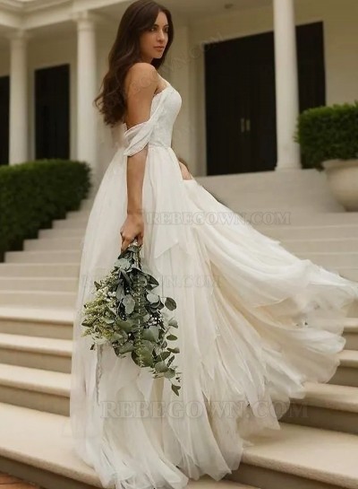 Ruffle Tiers Floor Length Off Shoulder Backless Chiffon Wedding Dresses