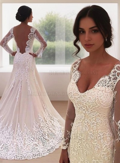 Sheer Long Sleeve Beige V Neck Sweetheart Mermaid  Chapel Train Backless Wedding Dresses