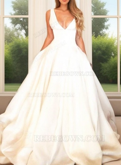 Ball Gown Ivory Deep V Neck Pleated Court Train Elegant Wedding Dresses