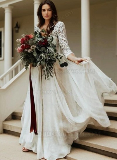 2025 Princess A-Line Wedding Dresses New Arrival Chiffon Long Sleeves Lace Two Pieces Beach Bridal Gowns