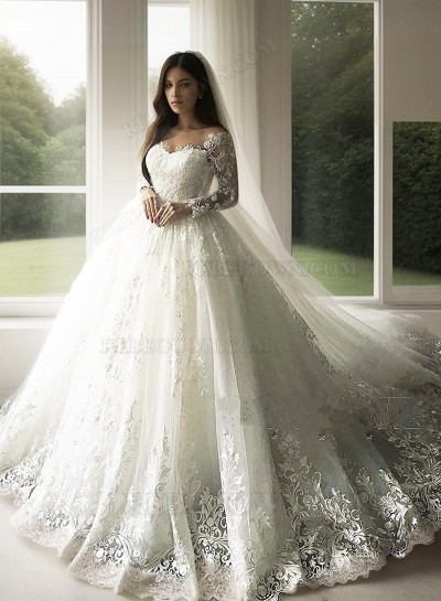 2025 Long Sleeves Wedding Dresses Bateau Lace Princess Ball Gown Bridal Gowns