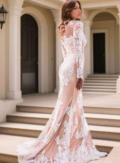 2025 Sheath New Arrival Wedding Dresses Scoop Champagne With Appliques Long Sleeves Bridal Gowns
