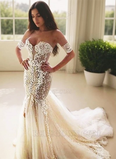 2025 Mermaid Sexy Wedding Dresses Tulle Off Shoulder Tulle Backless Sweetheart Bridal Gowns