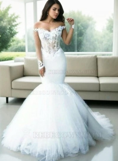 2025 Mermaid New Wedding Dresses White Sweetheart Off Shoulder Tulle Long Sleeves Bridal Gowns