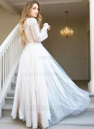 2025 Princess A-Line Wedding Dresses New Arrival Long Sleeves Champagne Tulle Lace Bridal Gowns