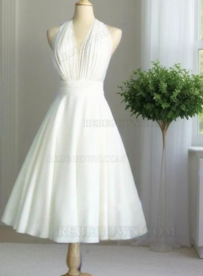 2025 Wedding Dresses Princess A-Line Chiffon Halter Backless Tea Length Short Bridal Gowns