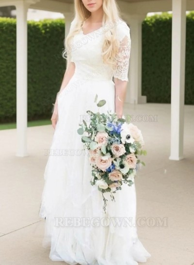 2025 Wedding Dresses Princess A-Line V-Neck Half Sleeves Lace Pleated Bridal Gowns