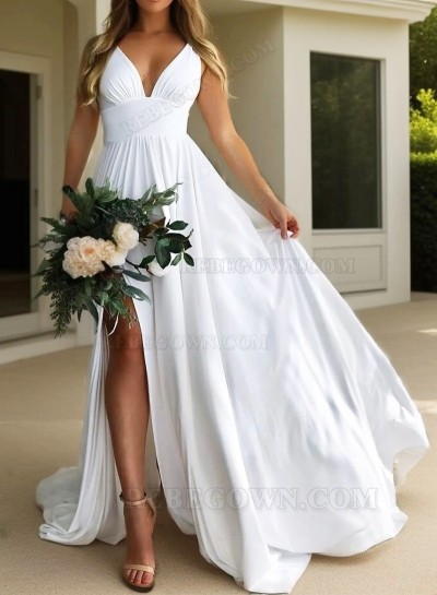 2025 Hot Sale Wedding Dresses A-Line White Empire Waist Sweetheart Side Slit Beach