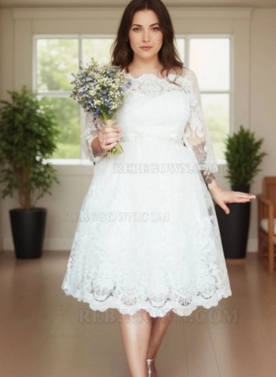 2025 A-Line Wedding Dresses Off Shoulder Long Sleeves Tea Length Short Plus Size