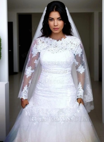 2025 Mermaid New Wedding Dresses Long Sleeves Tulle Beaded Sash Bateau