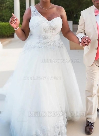 2025 A-Line Wedding Dresses One Shoulder Sweetheart Tulle Plus Size With Beads