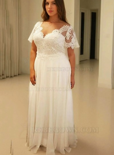 2025 A-Line Wedding Dresses Chiffon Off Shoulder Capped Sleeves Lace Plus Size