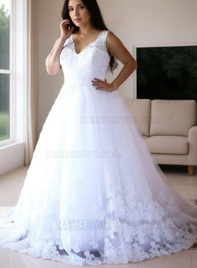 2025 Wedding Dresses White V-Neck Ball Gown Lace Plus Size