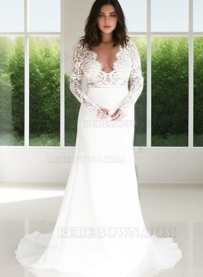 2025 Sheath Column Wedding Dresses Long Sleeves Open Front Lace Beach