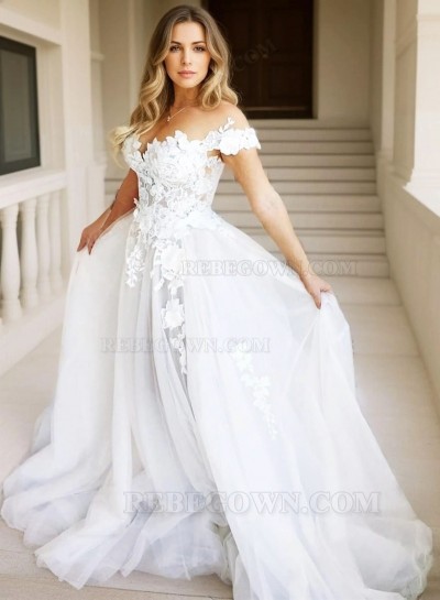 2025 A-Line Wedding Dresses Off Shoulder Tulle Sweetheart Lace Beach