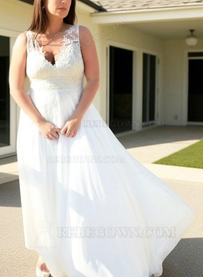 2025 A-Line Wedding Dresses Chiffon V-Neck Plus Size Lace Beach