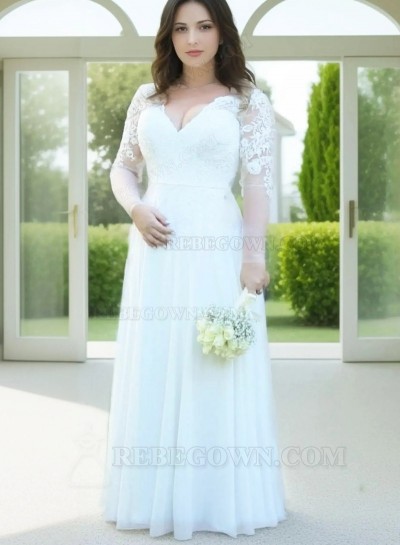 2025 New Arrival Wedding Dresses A-Line Floor Length Long Sleeves Lace V-Neck Plus Size