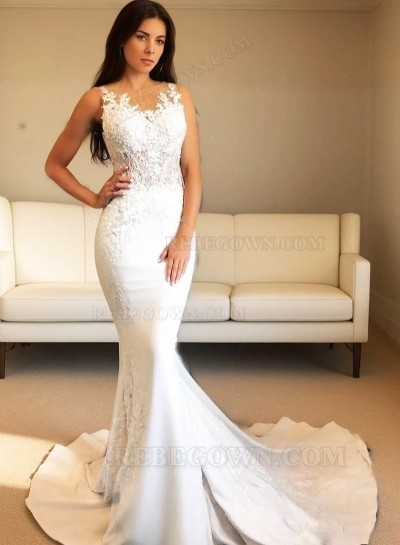 2025 Mermaid Wedding Dresses Satin Long Train Lace Beach