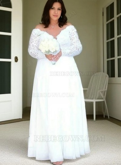 2025 A-Line Wedding Dresses Chiffon Long Sleeves Off Shoulder Lace Plus Size